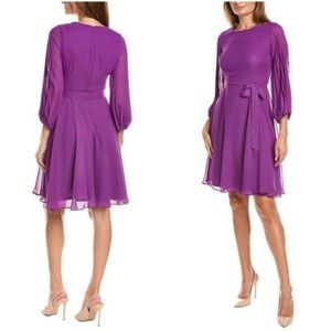 NWT Maison Tara Purple Chiffon Pleated Bishop Sleeve Belted Dress - Size 16